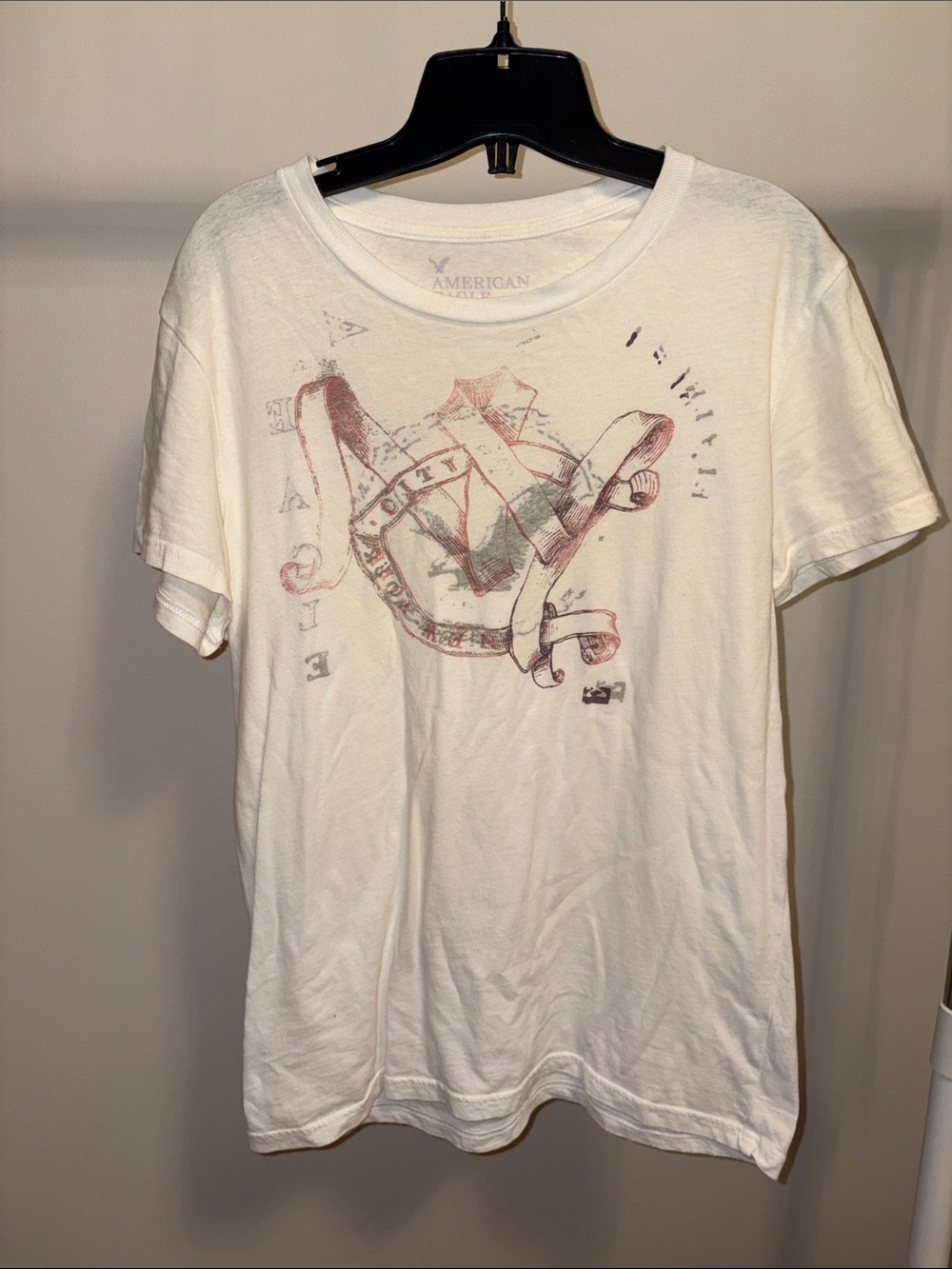 American Eagle Outfitters White T-Shirt with Faded Red Graphic
